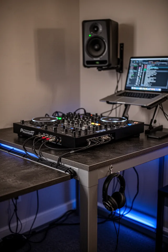 15 Rec Room Ideas You Will Never Want To Leave Close shot of a DJ controller on a sturdy table, with a laptop on a stand to the side. A pair of studio monitor speakers are mounted on wall brackets. Cables are routed through a cable track under the table. A small headphone hook is attached to the side of the table. The room is dim, with a blue LED strip under the table edge. The table surface is a dark laminate.