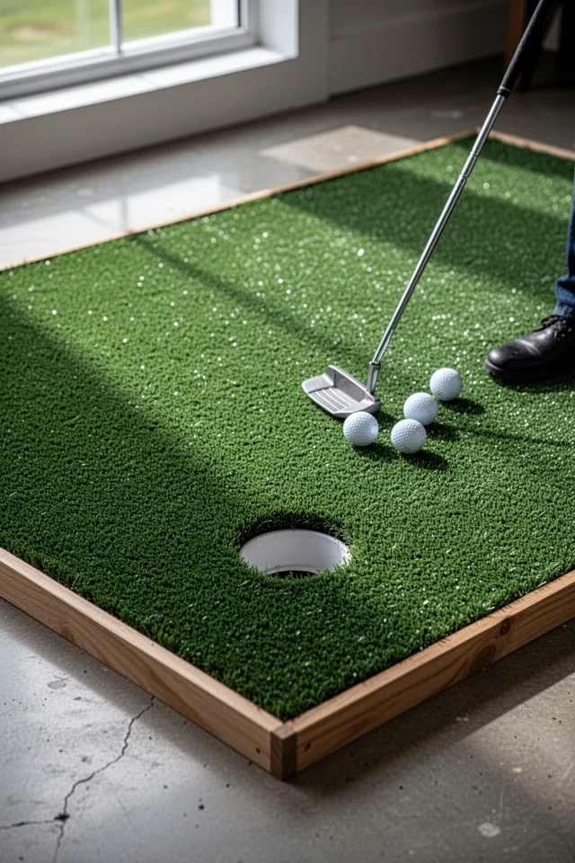 15 Rec Room Ideas You Will Never Want To Leave Close shot of a synthetic putting green installed on a concrete floor. The turf is a dense, dark green with visible short pile. A putting cup is cut into the turf near the edge. The green is surrounded by a low wooden frame. A putter and three golf balls rest on the surface. Natural light from a window reflects off the turf, showing realistic grass blades.