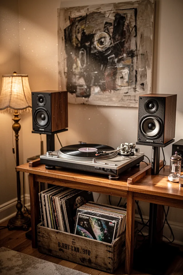 15 Rec Room Ideas You Will Never Want To Leave Close shot of a turntable on a dedicated wooden console. A pair of bookshelf speakers sit on stands, positioned at ear level. Vinyl records are stored in a low crate on the floor. A vintage lamp with a fabric shade sits to the side. The wall behind has a large piece of abstract art. The room is warmly lit, with visible dust motes in the light beam.