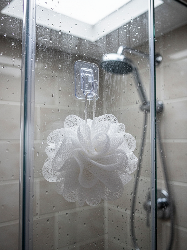 Close-up inside a glass shower door, looking at a clear adhesive hook attached to the glass. A white loofah hangs from the hook. The glass is wet, water droplets bead on the surface. Behind the loofah, blurred tiles and a shower head. Natural light from above, slightly overexposed to capture the translucency.