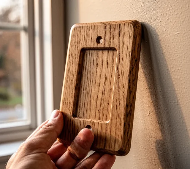 Close-up of a hand holding a raw oak switch plate against a painted wall. Warm afternoon light coming from a window on t