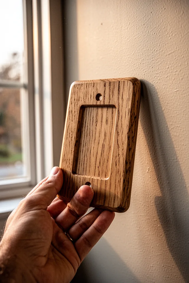 Close-up of a hand holding a raw oak switch plate against a painted wall. Warm afternoon light coming from a window on the left. The wood grain is visible, edges slightly rounded. No branding. Shallow depth of field, wall texture barely visible. Realistic photography style, slightly warm white balance.