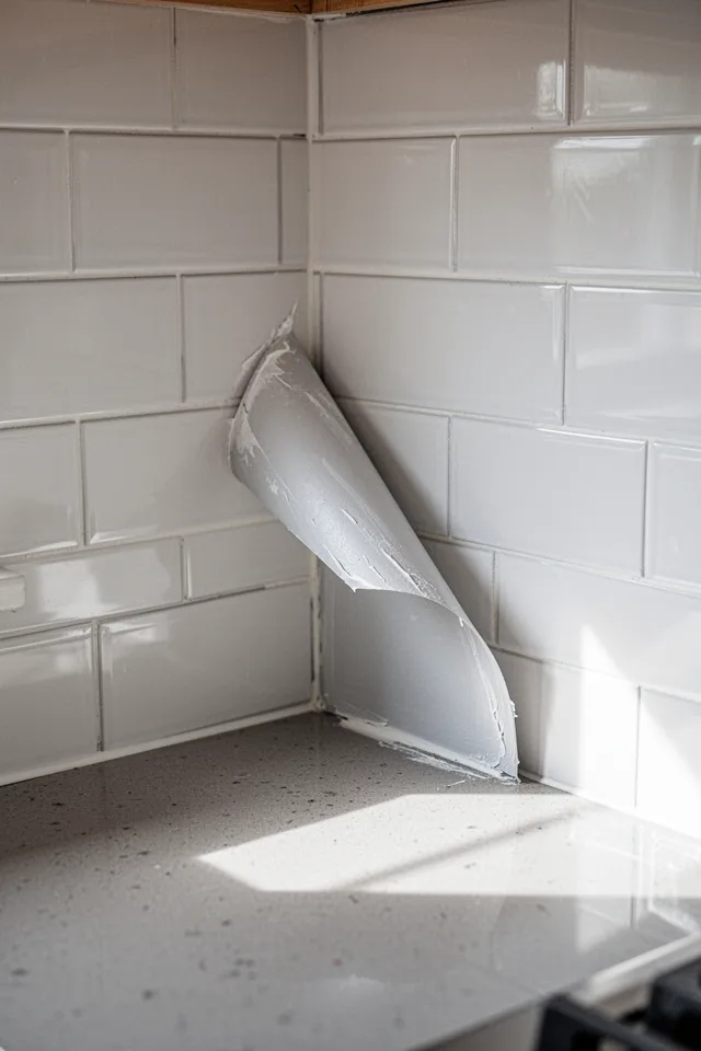 Close-up of a kitchen backsplash made of faux subway tile peel-and-stick panels. A corner of the sheet is lifting slightly to show adhesive. The panels are clean, grout lines straight. Natural light reflects off the tiles. Slight shadow from a countertop. Realistic, not aspirational.