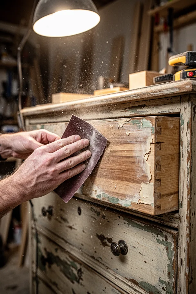Close-up of a vintage dresser drawer front being sanded. The wood is partially stripped, showing layers of old paint and natural grain. Sandpaper in hand, dust particles in the air. Workshop setting, strong overhead light. Realistic detail, not stylized.