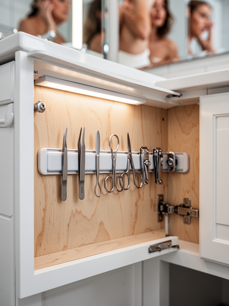 Close-up of a white bathroom vanity cabinet door swung open, revealing a long magnetic strip attached to the interior surface. On the strip: metal tweezers, small scissors, nail clippers, a metal cuticle pusher. Soft LED light from above. The cabinet interior is clean plywood. Shallow depth of field, warm skin tones reflected in mirror in background. Photorealistic, editorial style.
