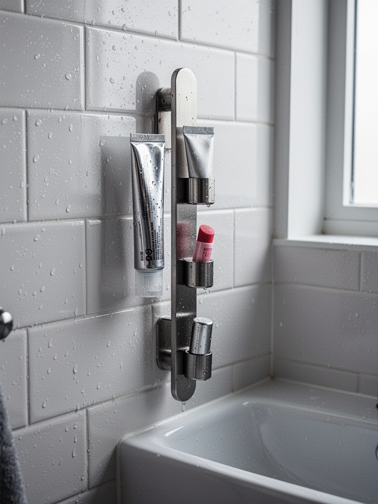 Close-up of a white tiled bathroom wall next to a sink. A slim brushed steel magnetic rail is mounted vertically. Attached: a metal toothpaste tube, a small metal tube of hand cream, and a tube of lip balm. The rail is about 12 inches long. Water droplets on the tile, soft morning light from window. High contrast, editorial still life.