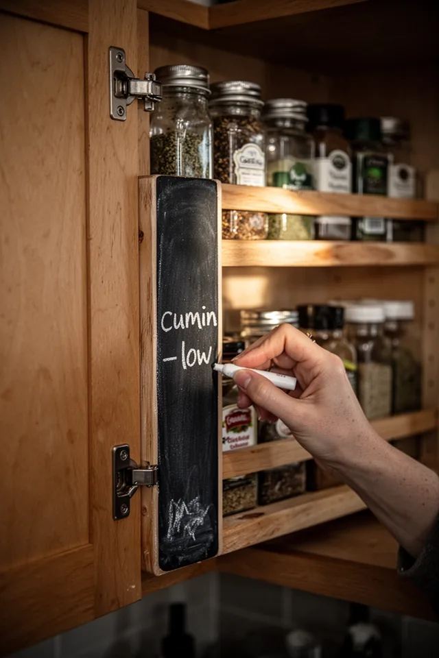 Close-up of a wooden spice rack mounted inside a kitchen cabinet door, with a narrow vertical chalkboard strip attached to the front edge of each shelf. A hand writes "cumin – low" in white chalk. Warm morning light from a window hits the glass spice jars. Soft focus on the background. Lens: 50mm, f/2.8. Mood: quietly organized, slightly lived-in with a few chalk smudges near the bottom.