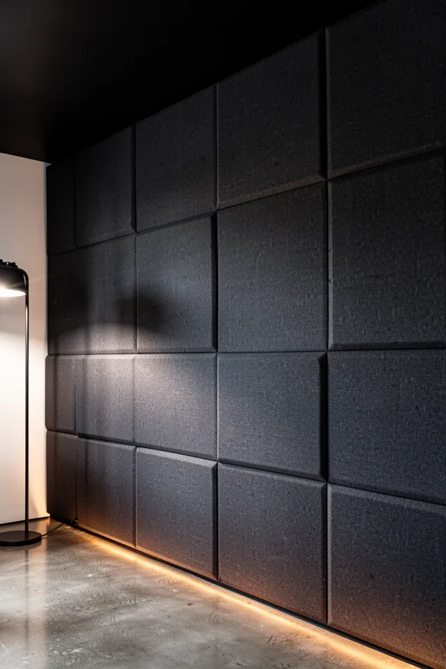 15 Rec Room Ideas You Will Never Want To Leave Close-up photograph of a fabric-wrapped acoustic panel wall in a deep charcoal color. The panels are arranged in a staggered brick pattern, each one about two feet wide and four feet tall. Light from a floor lamp casts a soft shadow across the fabric surface, showing slight texture but no visible seams. The wall is flanked by a polished concrete floor and a matte black ceiling. Warm ambient light just touching the bottom edge of the panels.