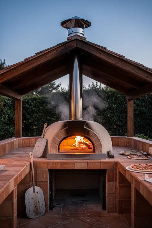 Evening light. A wood-fired pizza oven sits under a pitched open roof, its mouth glowing orange. A metal flue pipe extends upward through the roof, capped with a stainless rain cover. The oven is surrounded by a tiled counter in warm terracotta tones. A pizza peel leans against the side. Steam rises from the oven opening.