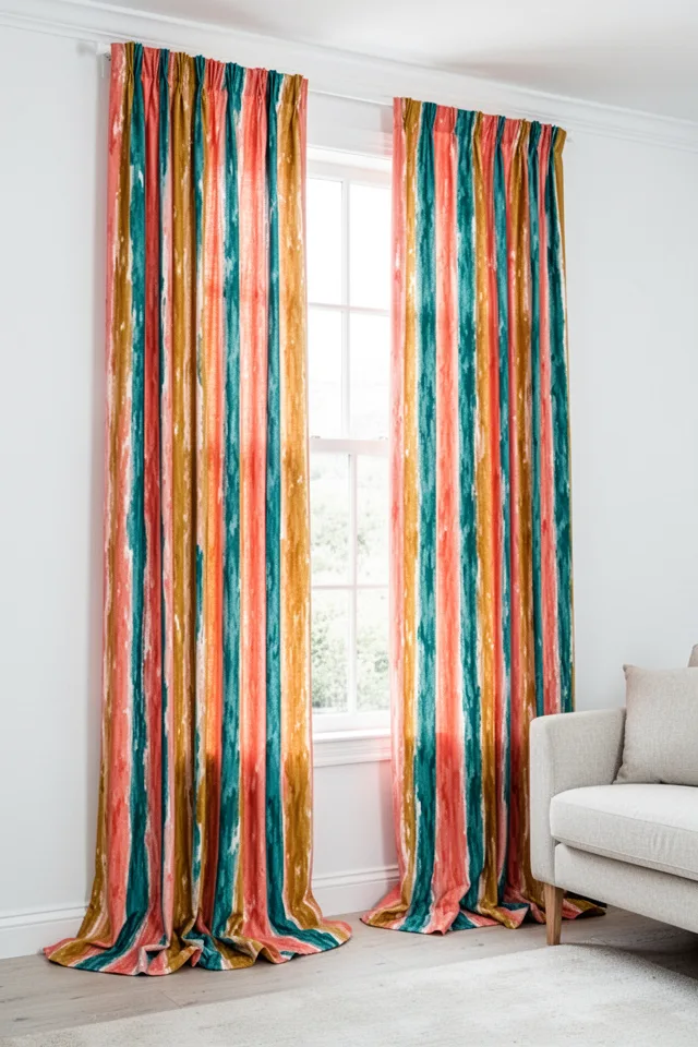 Floor-length curtains made from a fabric with vertical stripes in coral, mustard, and teal. The stripes are irregular, almost hand-painted looking. The window is large, and the drape puddles slightly on the floor. The room has white walls and a neutral sofa. The curtains bring all the energy.