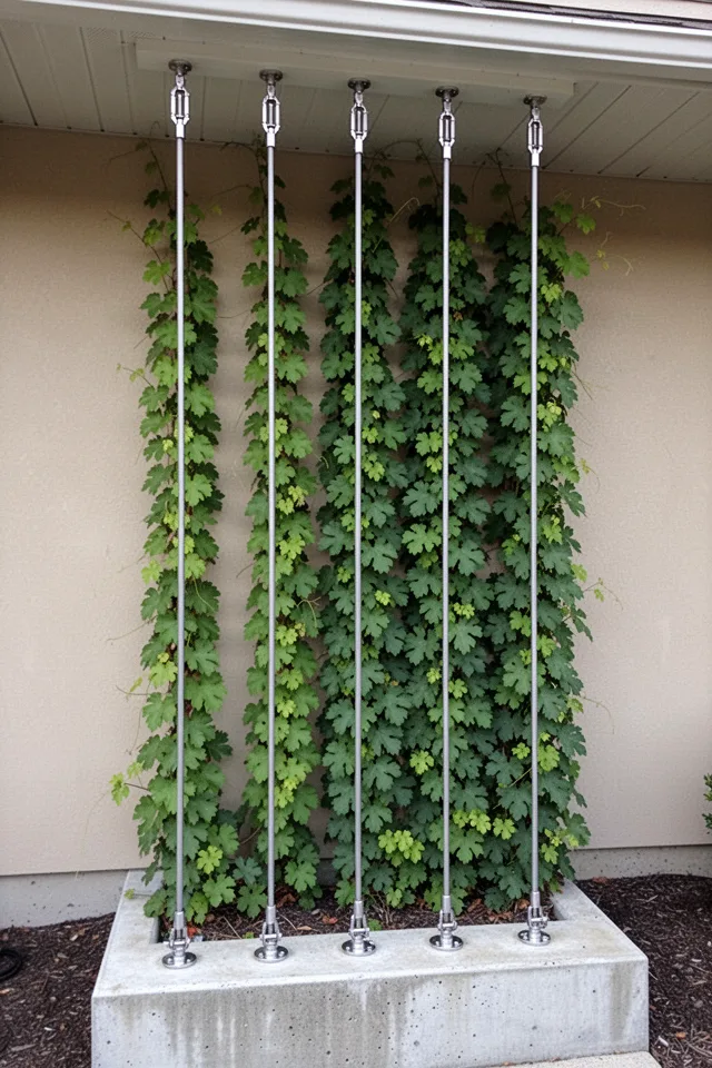 Four or five vertical stainless steel cables stretched from a roof overhang to a ground anchor, spaced about 8 inches apart. The cables have a matte finish and are tensioned with turnbuckles at the top. The bottom anchors are set into a concrete planter base. A grapevine climbs the cables, and the growth creates a vertical green curtain.