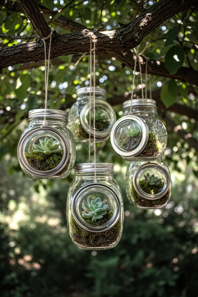 Glass jar lids—the kind with a glass insert—hung upside down from a tree branch with fishing line. Inside each lid is a small succulent and moss. The lids are suspended at different heights. Dappled light through leaves.
