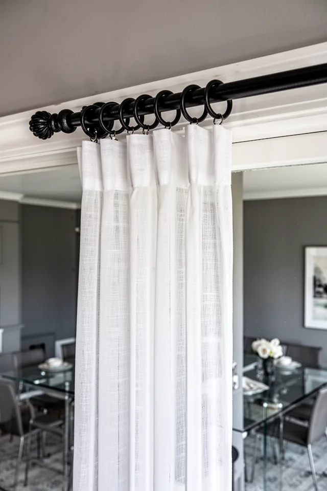 Image prompt: A close-up of a black iron curtain rod with small finials. Sheer white curtains hang from large black rings. The rod is mounted high above a window frame. The contrast between black hardware and white fabric is stark. In the background, a modern dining room with grey walls and a glass table.