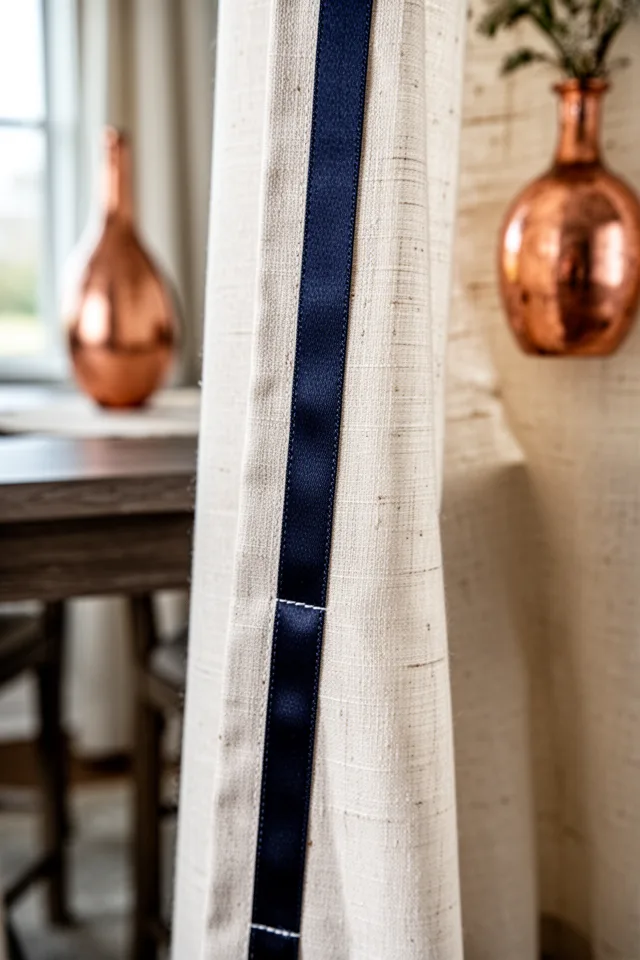 Image prompt: A close-up of a curtain edge showing a 2-inch wide dark navy ribbon sewn along the inner hem of a cream linen panel. The stitching is visible but neat. The corner of a dining table and a copper vase are in the background, slightly blurred. The fabric falls in soft folds. Macro lens, shallow depth of field, natural light from a window out of frame.