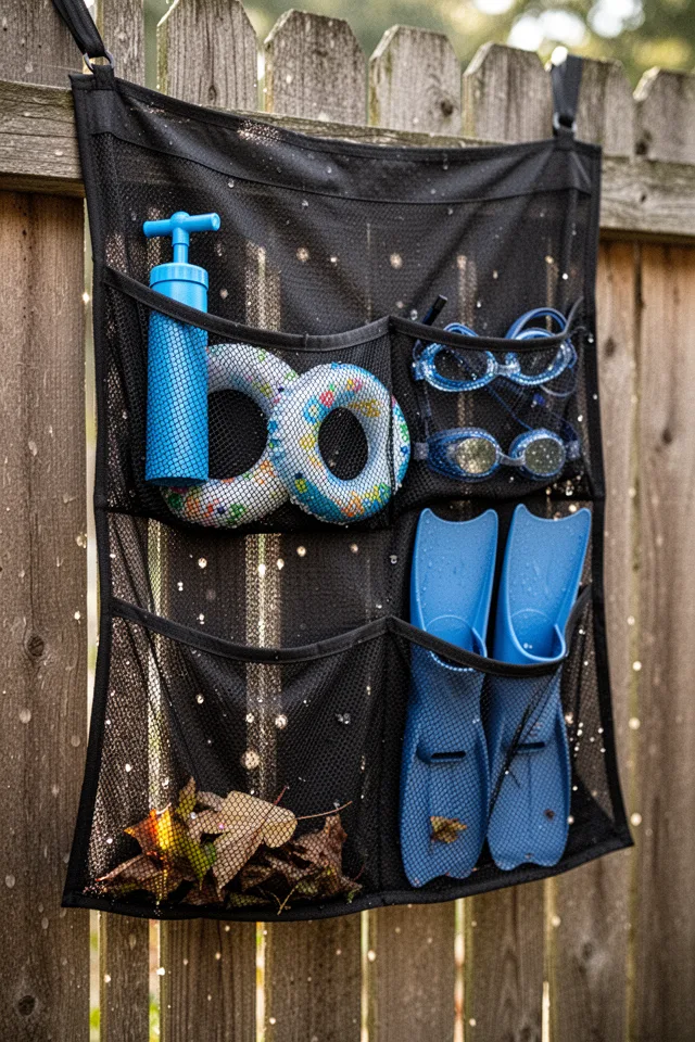 Image prompt: A close-up of a heavy-duty mesh shoe organizer hanging over a wooden fence. Pockets contain small pool floats—a hand pump, a small ring, goggles, fins. The mesh is black, slightly stretched from weight. A few leaves caught in the bottom pocket. Sunlight filtering through the mesh creates small dots of light on the fence. Slightly gritty texture, realistic shadows.