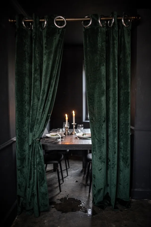 Image prompt: A dark-walled dining room, narrow table with candles lit, two place settings. Heavy velvet curtains in deep emerald green, floor-length with a small puddle on the floor. Large silver curtain rings on a dark brass rod. The fabric is plush, with visible nap that captures candlelight. The room is dim except for the table glow. Side view, shallow depth of field, 50mm lens, cinematic mood.