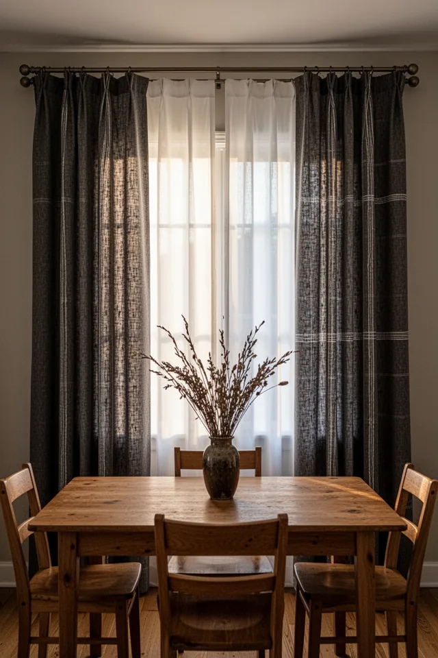 Image prompt: A dining room in late afternoon. Two curtain rods stacked closely. On the outer rod, heavy cotton-linen blend panels in charcoal grey, pulled half open. On the inner rod, white sheer panels fully closed. Light comes through the sheer layer, creating a soft diffusion. The charcoal panels are block-printed with a faint stripe. Wooden table, simple chairs, a vase of dried branches. Straight-on shot, even lighting, sharp detail on fabric textures.