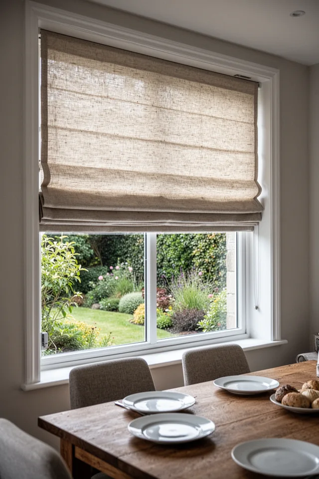 Image prompt: A dining room with a large picture window. A roman shade in a textured natural linen, raised halfway to reveal a garden. Clean lines, no visible strings, the folded fabric creates soft horizontal pleats. Table below is set for lunch with simple white plates. Light is even, slightly diffused. Side angle, showing how the shade mounts inside the window frame. 50mm lens, documentary feel.