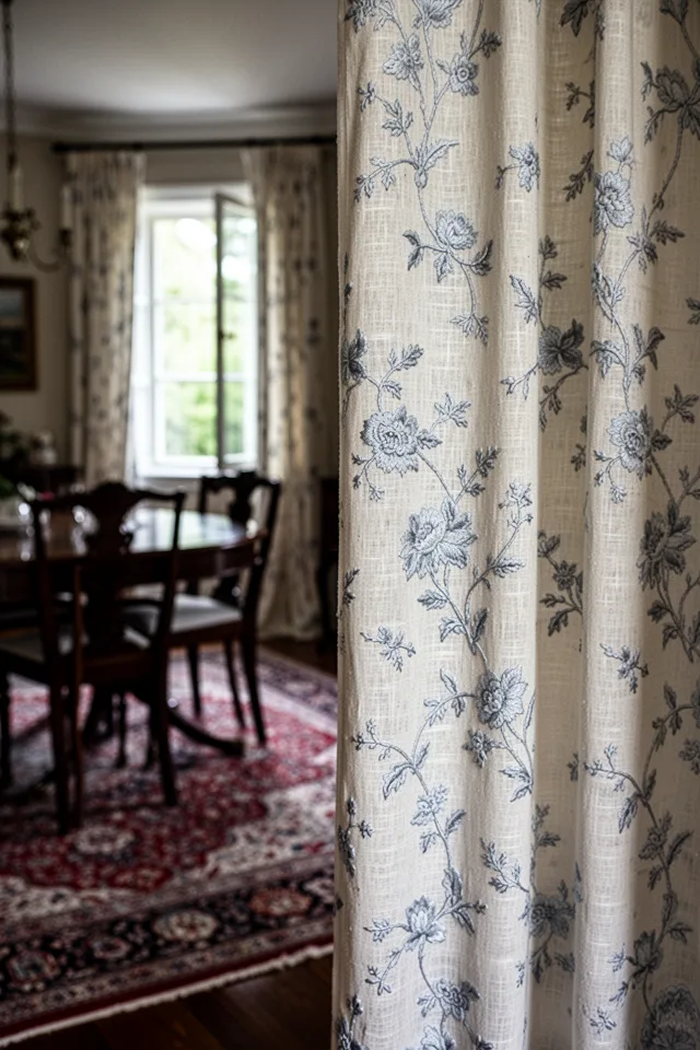 Image prompt: A dining room with a Persian rug and dark wood furniture. Curtains with a delicate floral embroidery in pale blue on cream linen. The pattern is subtle, not overwhelming. The embroidery catches light, creating a subtle texture. A window is partially open, letting in a breeze. Close-up shot to show thread detail, blurred background.