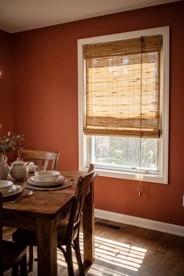 Image prompt: A dining room with a wooden table, ceramic dishes, and a warm terracotta accent wall. Bamboo roll-up shades mounted inside a window frame, partially lowered. The shade is natural honey color, with visible slats and a woven texture. Sunlight filters through, casting striped shadows on the floor. A simple brass pull chain hangs. Shot from the side, warm afternoon light, 35mm lens.