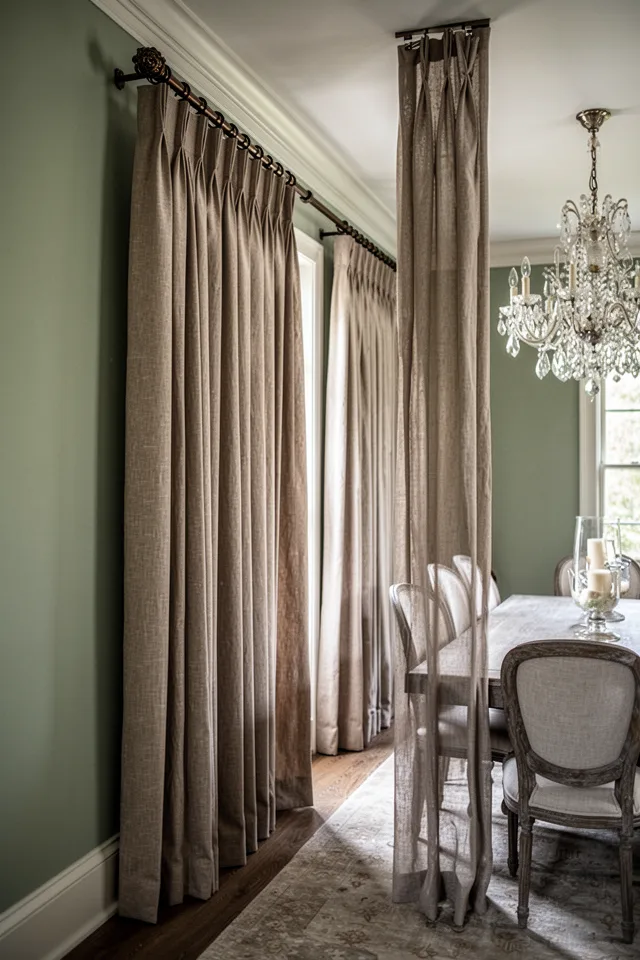 Image prompt: A formal dining room with a long table, crystal chandelier, and walls in a muted sage. Pinch pleat curtain panels in a linen-cotton blend, warm taupe, hanging from a dark bronze rod with ornate finials. The pleats are crisp and evenly spaced. The fabric breaks cleanly at the floor with no puddle. Lighting is soft, shadowless. Shot from a corner, looking down the length of the curtains. 24mm lens, editorial style.