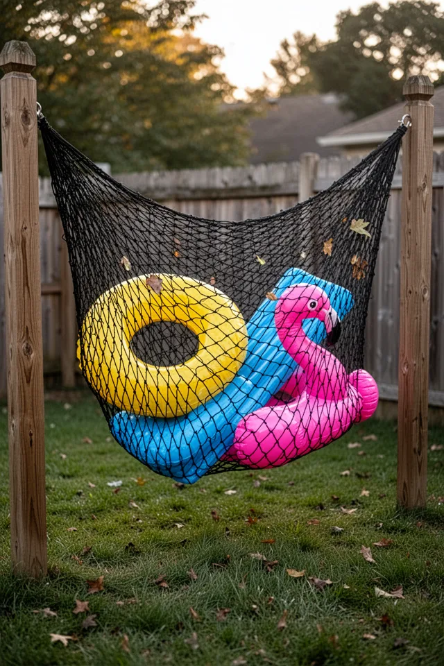 Image prompt: A large black polypropylene cargo net stretched between two wooden fence posts in a backyard. The net holds three pool floats loosely—a yellow ring, a blue mat, and a pink flamingo—tucked into the mesh like a hammock. Grass below, late afternoon light, net slightly sagging under the weight. A few leaves caught in the net. Realistic, not overly stylized.