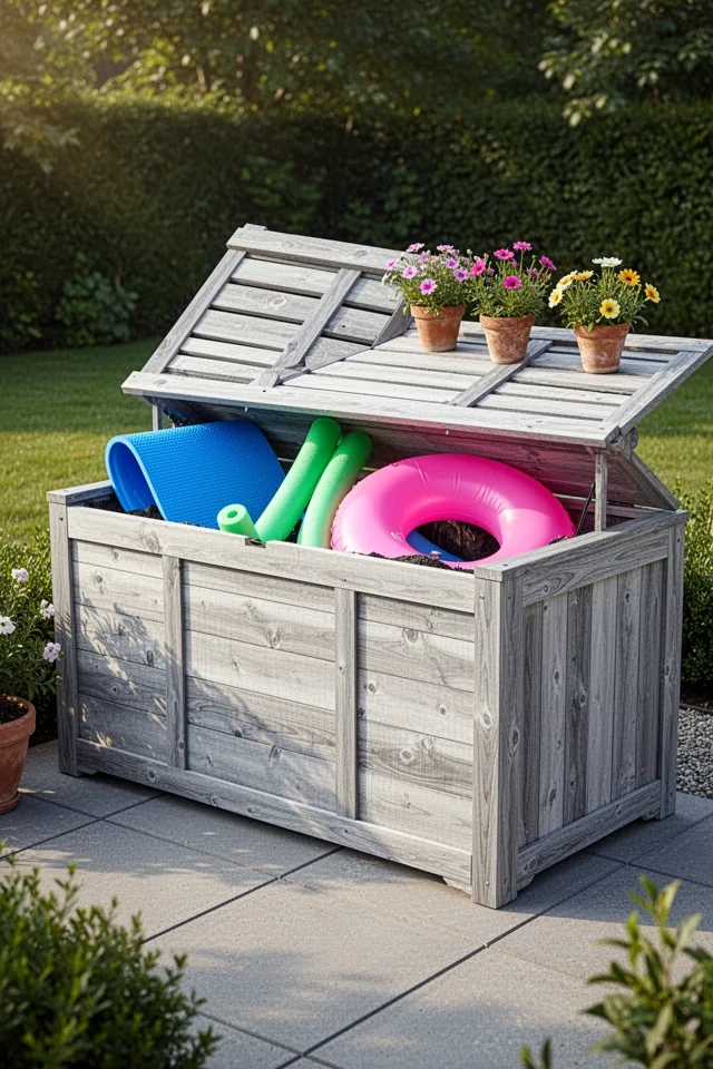 Image prompt: A large cedar planter box on a patio, about four feet long and two feet high. The box has a slatted wooden lid that lifts to reveal pool floats stored inside—a blue mat, a green noodle, a pink ring. The cedar has aged to a soft silver‑gray. A few potted flowers sit on top of the lid. Morning light, clean lines. Realistic material texture.