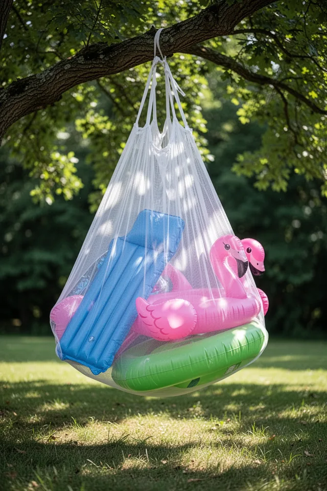 Image prompt: A large mesh bag—like a laundry hammock—hangs from a sturdy tree branch. Inside, three deflated pool floats are loosely piled: a blue lounger, a pink swan, and a green mat. The bag is made of white nylon mesh, slightly translucent. Sunlight hits the bag, casting a patterned shadow on the grass. A gentle breeze moves the bag. Shallow depth of field, green leaves behind.