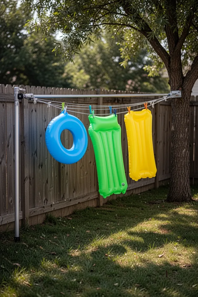 Image prompt: A retractable clothesline is mounted to a fence on one end and a tree on the other. The line is pulled taut. Hanging from it with clothes pins are three deflated pool floats: a small blue ring, a green lounger, and a yellow mat. They sway slightly in the breeze. Grass below, some dappled shade. Mid‑afternoon light. Quiet, functional scene.