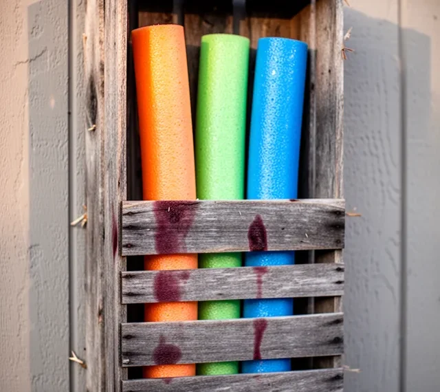 Image prompt: A rustic wooden wine crate mounted vertically on a painted shed wall. Inside, three bright foam pool noodl