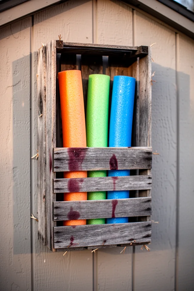 Image prompt: A rustic wooden wine crate mounted vertically on a painted shed wall. Inside, three bright foam pool noodl