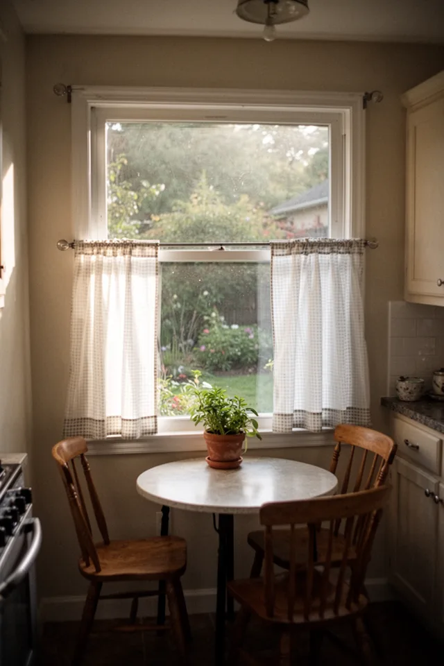 Image prompt: A small dining nook in a kitchen corner. A window with cafe curtains—a rod mounted halfway up, white fabric panels with a small gingham pattern, covering only the bottom half of the window. Upper half bare, showing a garden view. Small round table, two wooden chairs, a potted plant on the sill. Morning sunlight streams through the top half. Shot from inside, looking out, warm and bright. 35mm lens, slightly soft focus.