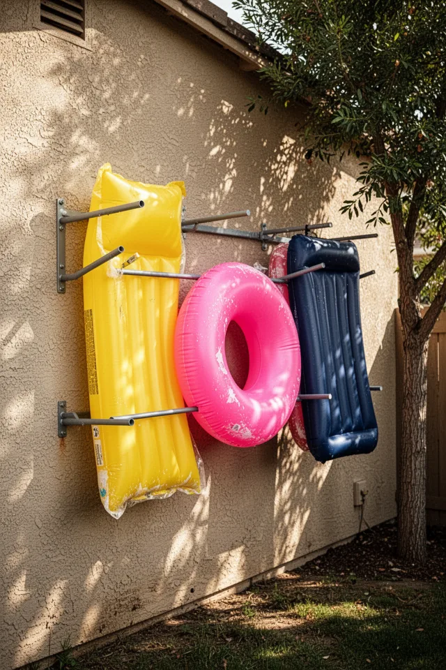 Image prompt: A sun-drenched backyard wall with a powder-coated steel rack holding three pool floats horizontally—a bright yellow lounger, a pink donut, and a navy blue mat. The wall is stucco, the rack arms are spaced 18 inches apart. Dappled light through a tree next to it. The floats are dry, slightly faded at the edges. No brand names. Medium shot, warm afternoon light, slightly desaturated to show realistic aging.