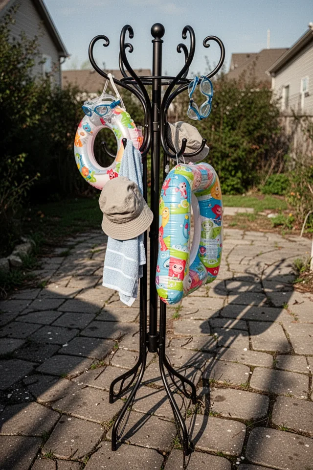 Image prompt: A tall, black wrought‑iron coat rack standing on a patio. It has six curved arms. Hanging from the arms are a small inflatable ring, a bucket hat, a towel, and a child’s float. One arm holds a pair of goggles. The rack is slightly tilted on uneven pavers. Shadow of the rack angled across the stone. Mid‑afternoon sun. Slightly messy, lived‑in.