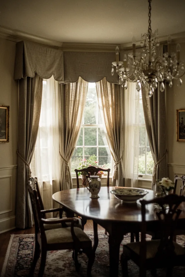 Image prompt: A traditional dining room with a bay window. Layered curtains: a solid neutral valance at the top, with floor-length panels underneath in a slightly darker tone. The valance has a scalloped edge. The room is classic, with a chandelier and wainscoting. Afternoon light filters through the layers. 50mm lens, warm, slightly nostalgic.