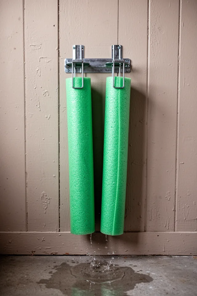 Image prompt: A wall‑mounted broom holder with two metal clips, attached to a painted wooden wall. Two green foam pool noodles are clamped in the clips, hanging vertically. The wall has slight texture from old paint. A small splash of water on the floor below. Straight‑on shot, neutral lighting, realistic.