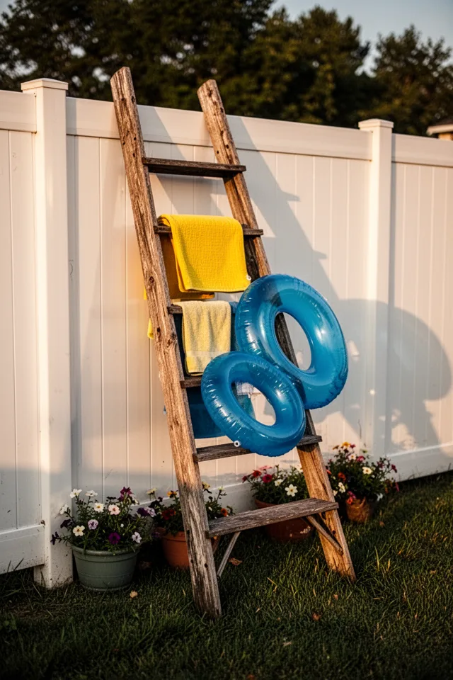 Image prompt: A weathered wooden A‑frame ladder leans against a white privacy fence. The ladder has five rungs. Draped over the rungs are a bright yellow pool mat, a towel, and a blue inflatable ring. The ladder is slightly uneven on the grass. A few flower pots at the base. Late afternoon golden hour, long shadows. Slightly rustic, unpretentious.