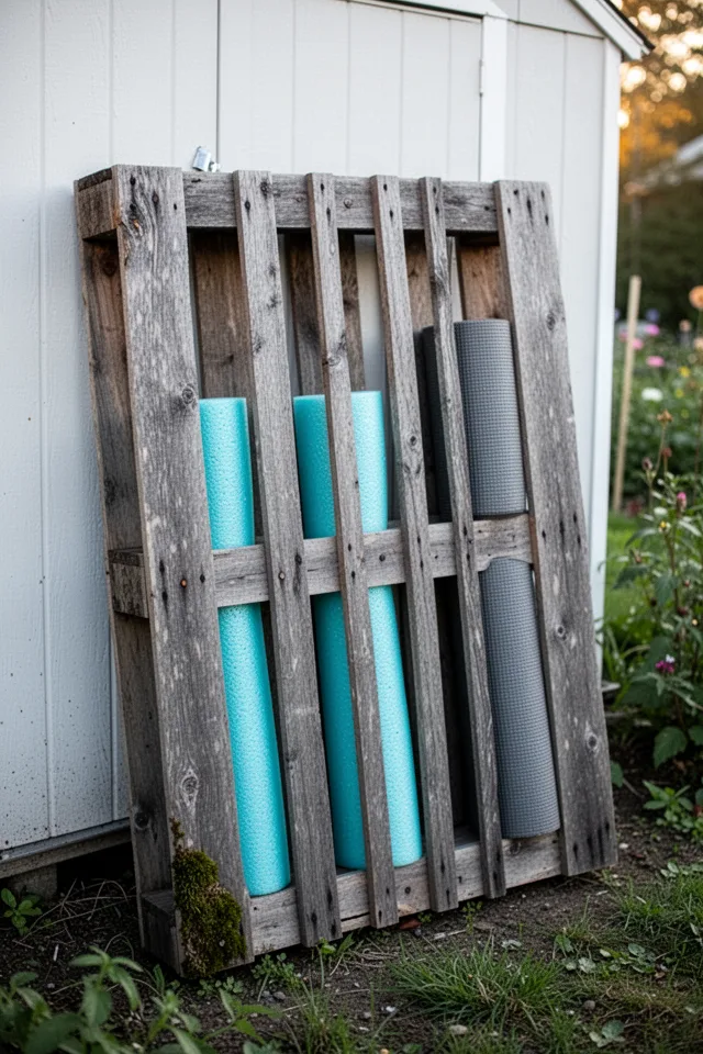 Image prompt: A weathered wooden pallet leaning against a white garden shed wall. The pallet has been modified with vertical slats inserted into the gaps, creating narrow slots. Three pool noodles and a rolled up mat sit in the slots. The wood is gray, with a few nails visible. A small patch of moss on one corner. Soft morning light. Real, slightly imperfect.