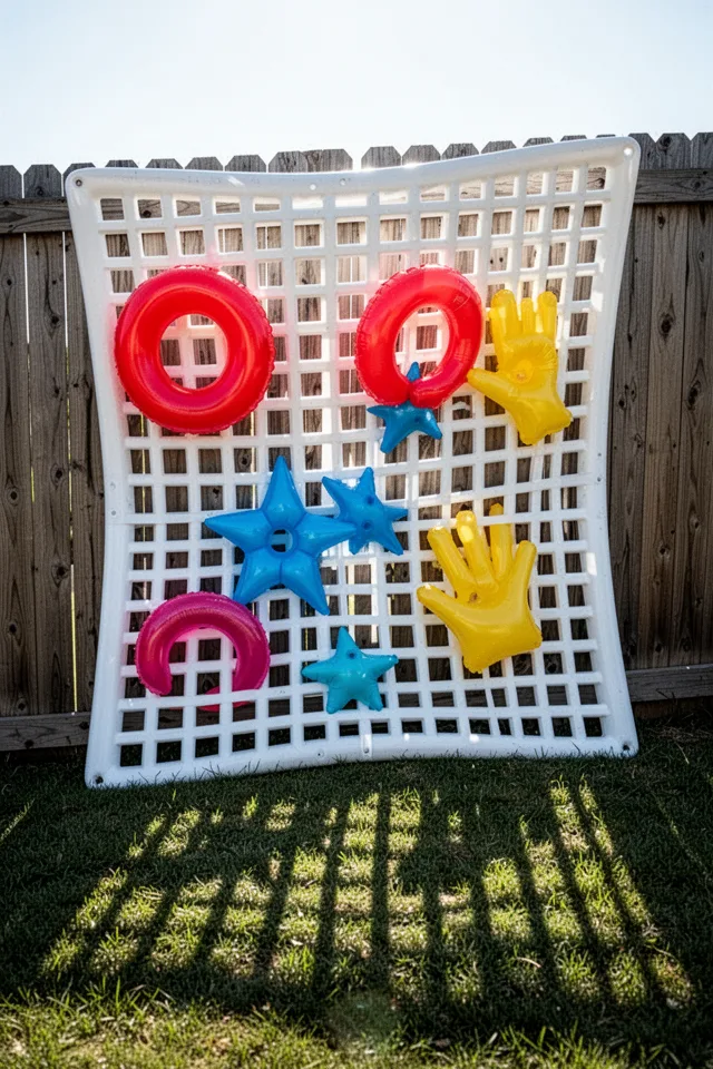 Image prompt: A white plastic lattice panel (4x8 feet) attached to a wooden fence. The lattice squares are 2x2 inches. Various small pool floats are woven through the lattice—a red ring, a blue star, a yellow hand buoy. The panel is slightly bowed from the weight. Sunlight passes through the holes, casting a checkered shadow on the grass. Slightly surreal, cheerful mess.