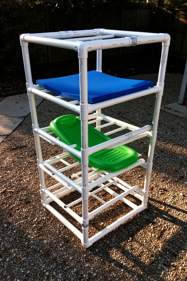 Image prompt: A white PVC pipe frame assembled into a freestanding rack, sitting on a gravel patio. The rack has four horizontal levels with open slots. Two pool floats sit in the slots: a blue mat and a green lounger. The PVC pipes show slight dust and one connector is slightly misaligned. Late afternoon sun, long shadows, gravel visible underfoot. Slightly industrial look.