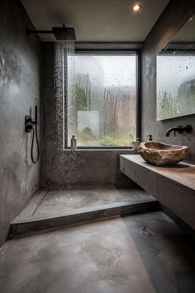 Image prompt: Bathroom after renovation, gray microcement floor in a seamless matte finish wrapping up onto a shower curb. No grout lines. Rain-simulated shower window, natural stone vessel sink. Lens: 24mm, mood: monolithic, spa-like. No people.