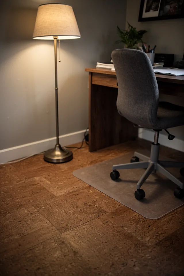 Image prompt: Cozy home office corner, warm floor lamp, gray cork tiles on the floor absorbing light. The cork has a slight texture, visible grain, a matte wax finish. A chair with casters on a protective mat. Lens: 50mm, mood: quiet, organic. No people.