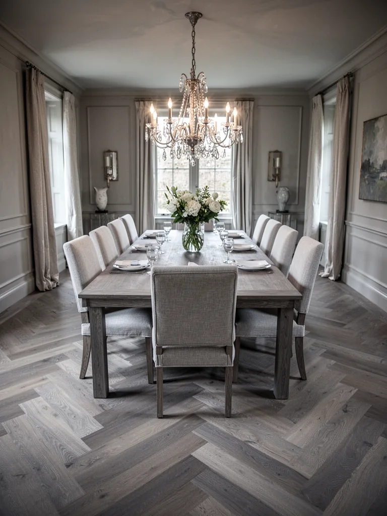 Image prompt: Formal dining room, chevron oak parquet in a cool gray stain, laid with precision. The herringbone pattern draws the eye down a long table. Chandelier light reflects softly on the matte finish. Lens: 35mm, mood: elegant, traditional but updated. No people.