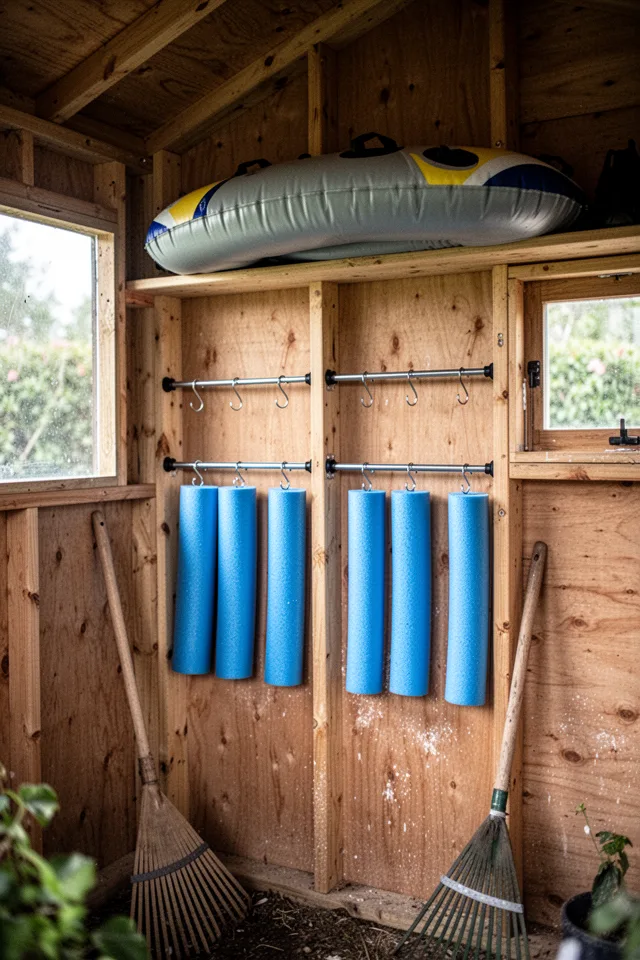 Image prompt: Inside a wooden garden shed, looking at a wall fitted with two tension rods between the studs. Pool noodles and small rings hang from the rods using S‑hooks. A deflated raft sits on a shelf above. The wood is unpainted, slightly dusty. A rake leans in the corner. Soft, diffuse light from a small window. Cluttered but organized.