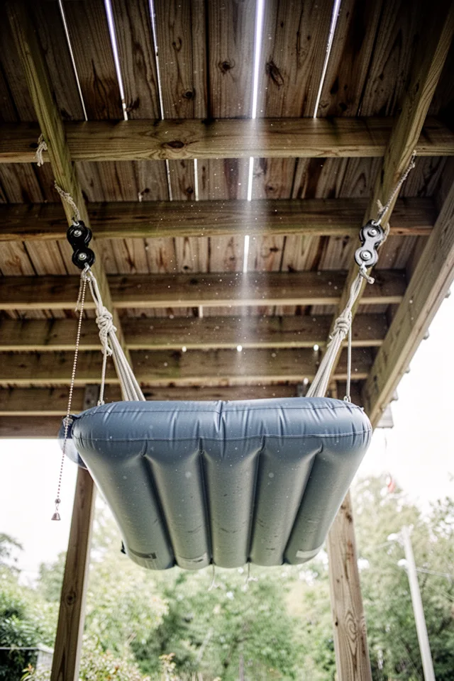 Image prompt: Looking up at the underside of a wooden deck. A large inflatable pool mattress is suspended horizontally by two ropes and pulleys attached to the joists. The ropes are taut, the mattress is deflated slightly, hanging like a hammock. A small pull‑chain hangs to one side. Dust motes in a beam of light. Wood grain visible on the deck boards above. Candid, vertical shot.