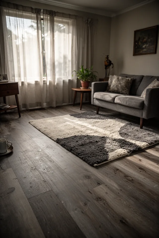 Image prompt: Mid-century living room, afternoon light through sheer curtains, wide-plank engineered hardwood in weathered gray with visible grain and slight brush marks. A low-profile area rug in cream and charcoal sits partially off-center. Lens: 35mm, mood: relaxed, slightly lived-in. No people.