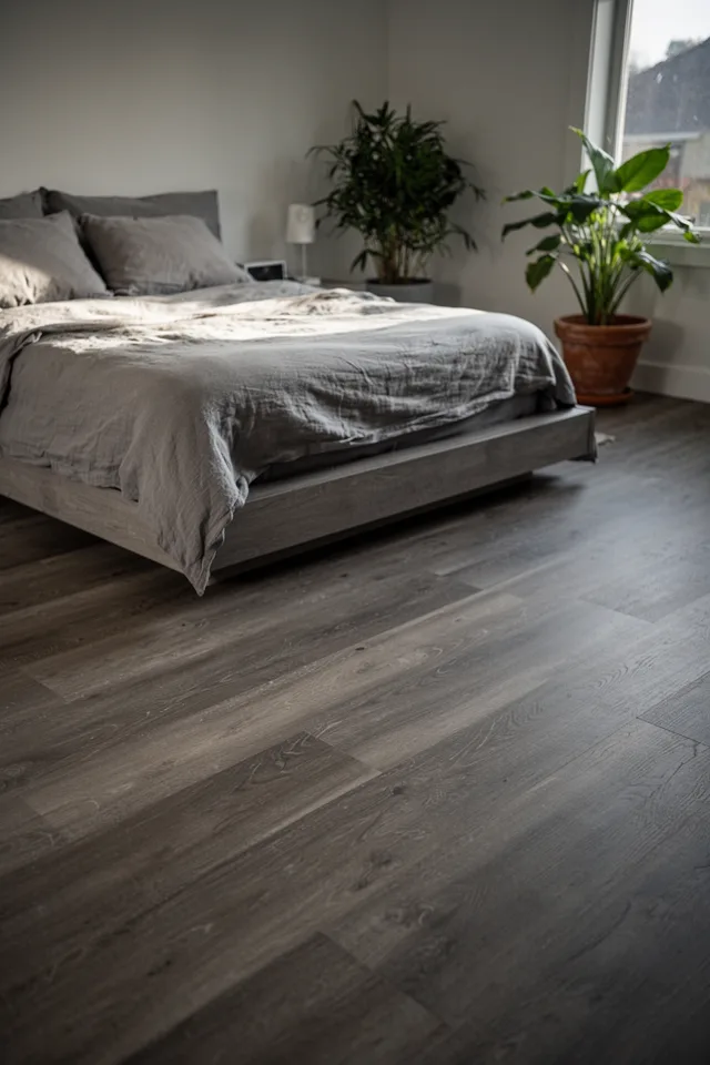 Image prompt: Modern bedroom with low bed, gray-stained bamboo flooring in wide planks. The edge-grain shows subtle linear streaks. Morning sunlight, house plant in a terracotta pot. Lens: 50mm, mood: clean, sustainable, calm. No people.