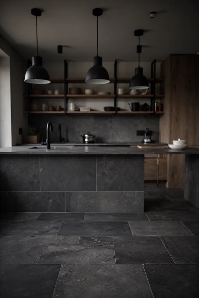 Image prompt: Modern kitchen with dim pendant lighting, large 24x48 inch charcoal porcelain tiles laid in a running bond pattern. Slight variation in tone across tiles, matte finish, no reflective glare. Open shelving with matte black fixtures visible in background. Lens: 50mm, mood: moody and grounded. No people.