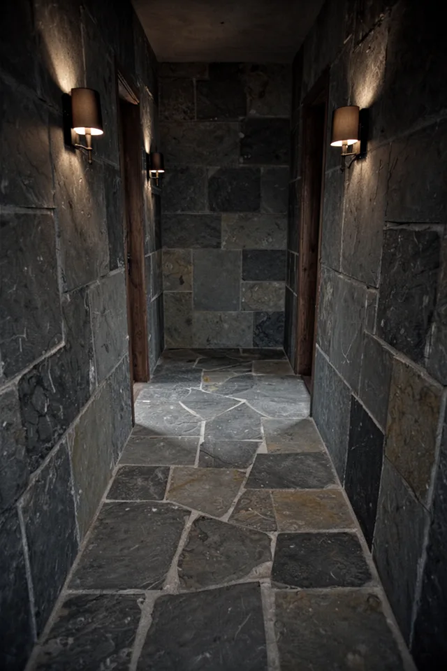 Image prompt: Narrow hallway with gray slate tiles in irregular sizes (crazy-paving style), honed matte finish. Warm wall sconces cast low light. The slate has subtle vein lines in charcoal and cream. Lens: 35mm, mood: ancient, textural, quiet. No people.