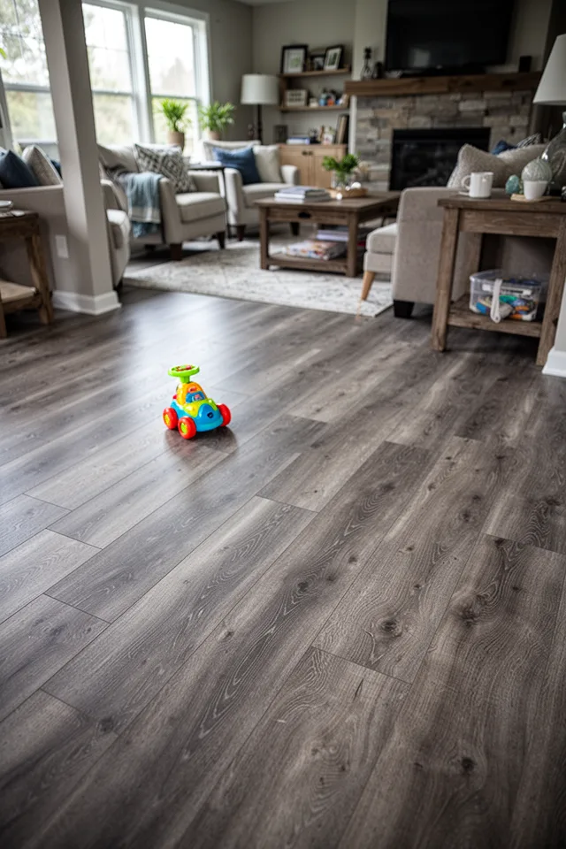Image prompt: Open-plan family room, natural light, wide luxury vinyl plank in a cool gray oak tone with realistic wood grain embossing. A child’s toy is on the floor, but no people. The planks are staggered, with slight beveled edges. Lens: 35mm, mood: casual, durable, everyday. No people.